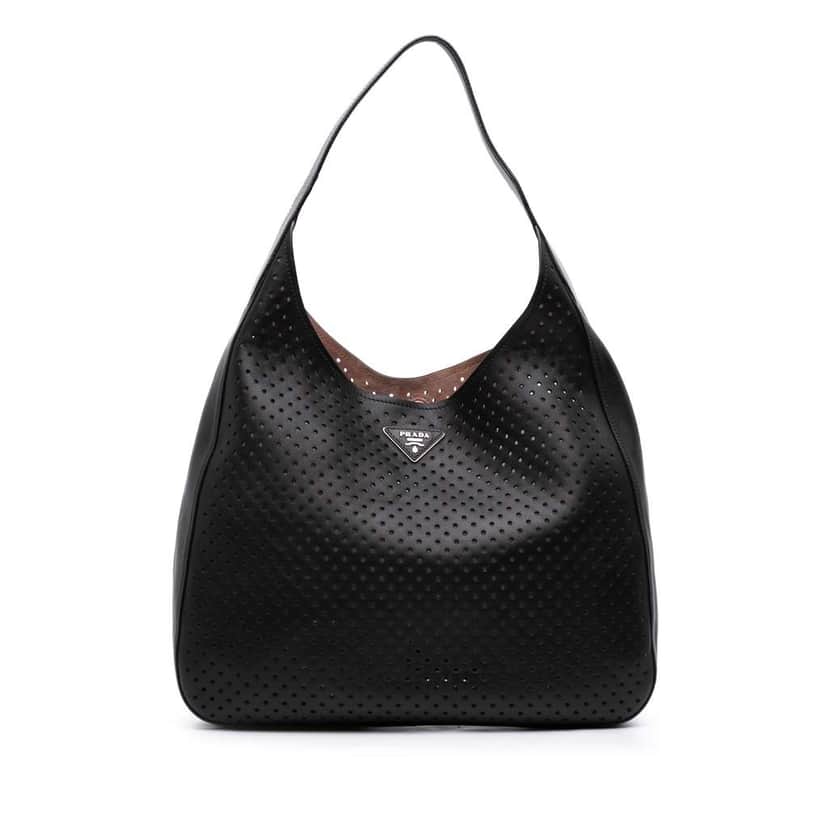 Prada City Fori Perforated Leather Hobo Bag Black Leather Good condition - Front View