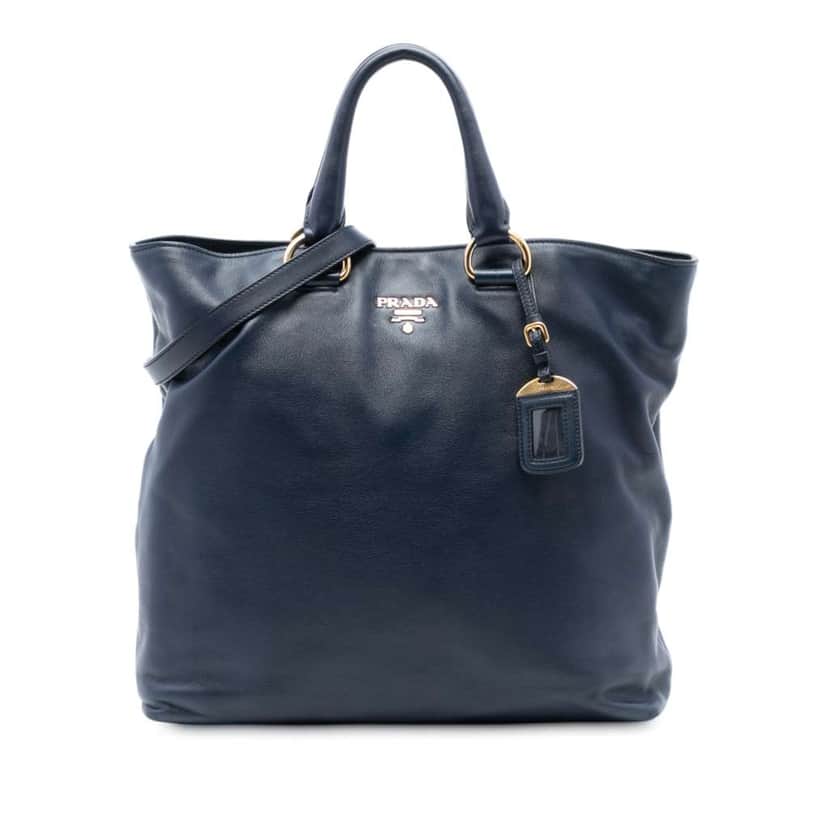 Prada Soft Calf Open Convertible Tote Blue Leather Very good condition - Front View