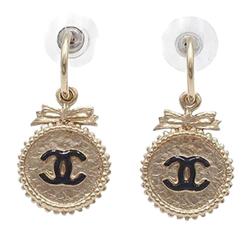 Chanel CC Gold Plated Enamel Round Bow Dangle Stud Push Back Earrings Gold Metal Good condition - Front View