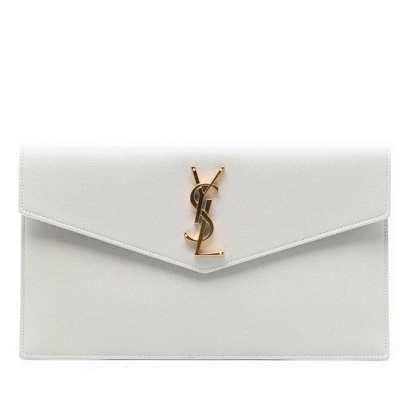 Saint Laurent Grain De Poudre Uptown Pouch White Leather Good condition - Front View