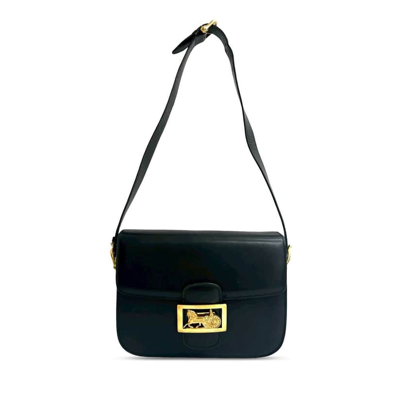 Celine Calfskin Horse Carriage Shoulder Bag Black Leather Good condition - Front View