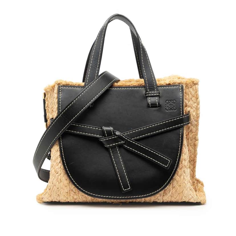 Loewe Small Raffia and Leather Gate Top Handle Bag Brown Good condition - Front View