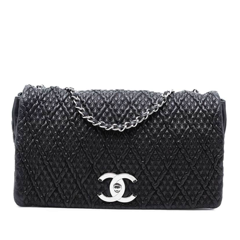 Chanel CC Quilted Astrakhan Single Flap Black Leather Very good condition - Front View