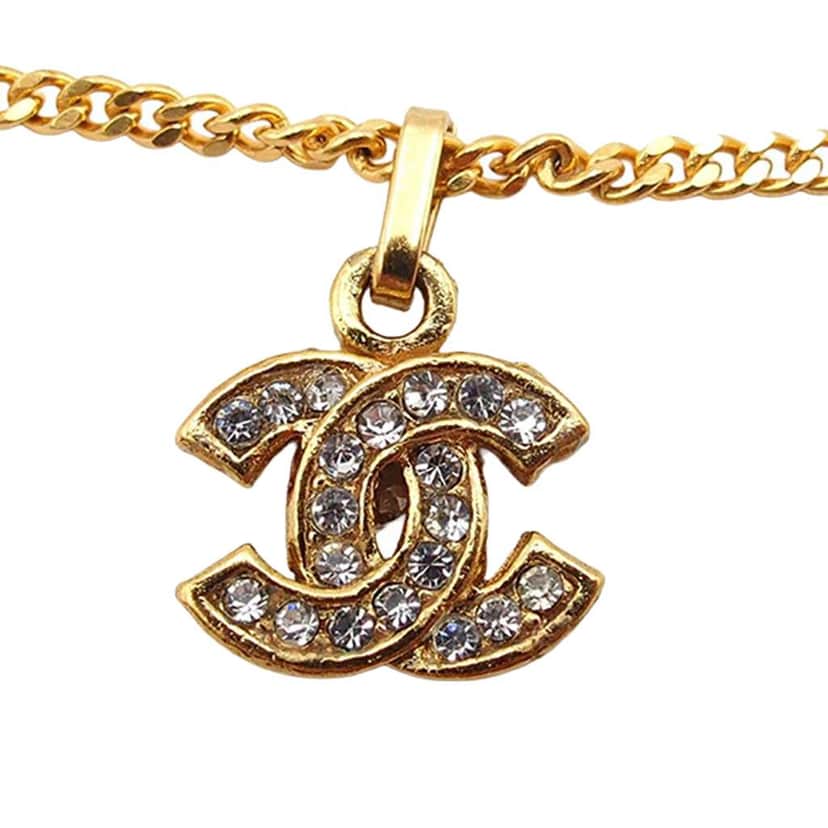 Chanel Gold Plated CC Rhinestone Pendant Necklace Gold Metal Good condition - Front View