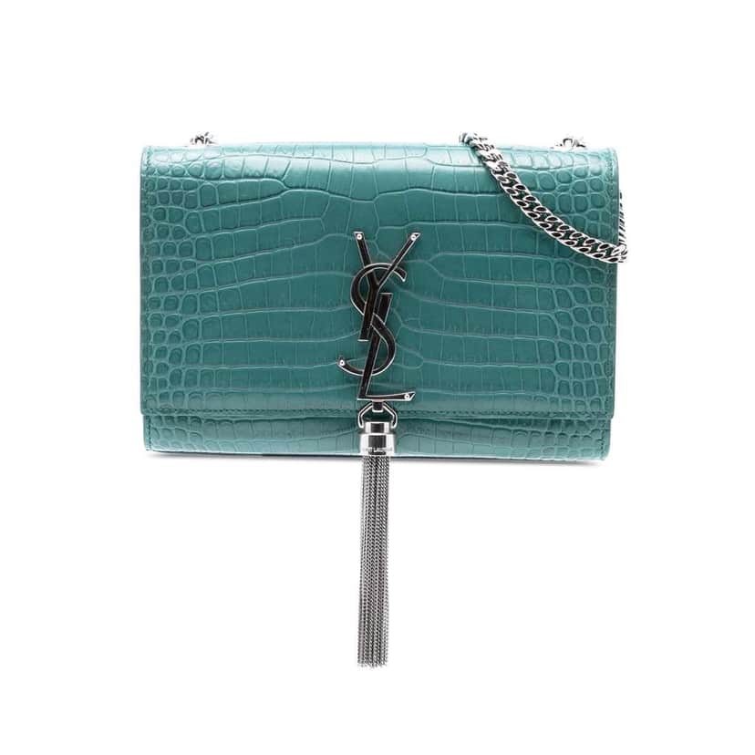 Saint Laurent Small Croc Embossed Leather Monogram Kate Tassel Crossbody Blue Leather Good condition - Front View