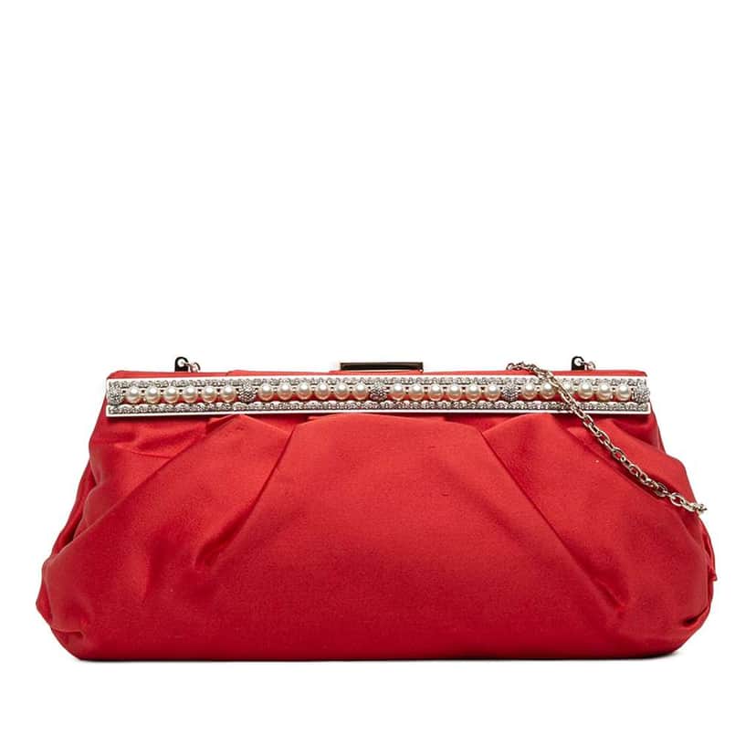 Valentino Satin Pearl Embellished Frame Clutch on Chain Red Satin Very good condition - Front View