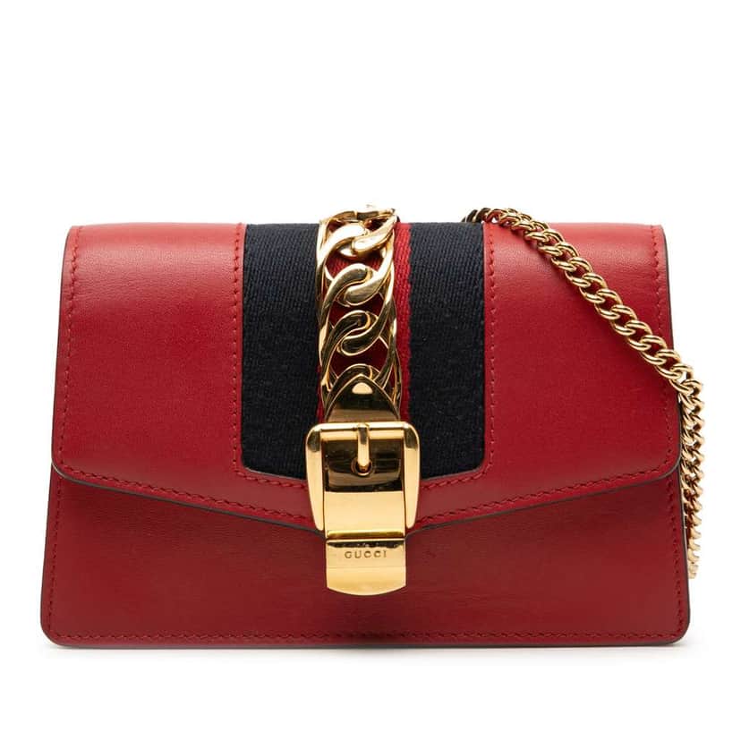 Gucci Super Mini Leather Sylvie Chain Crossbody Red Leather Very good condition - Front View