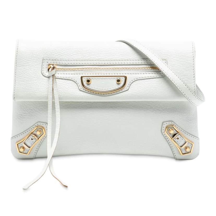 Balenciaga Chevre Motocross Classic Metallic Edge Envelope Clutch with Strap White Leather Good condition - Front View