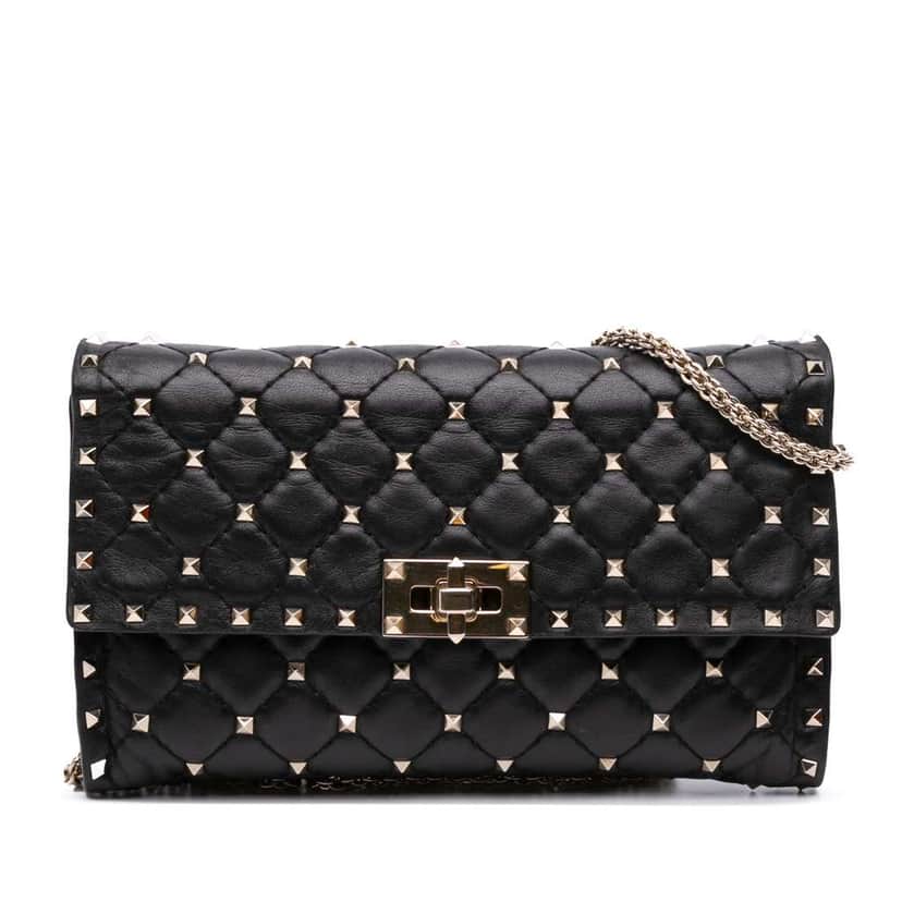 Valentino Nappa Rockstud Spike Wallet On Chain Black Leather Good condition - Front View