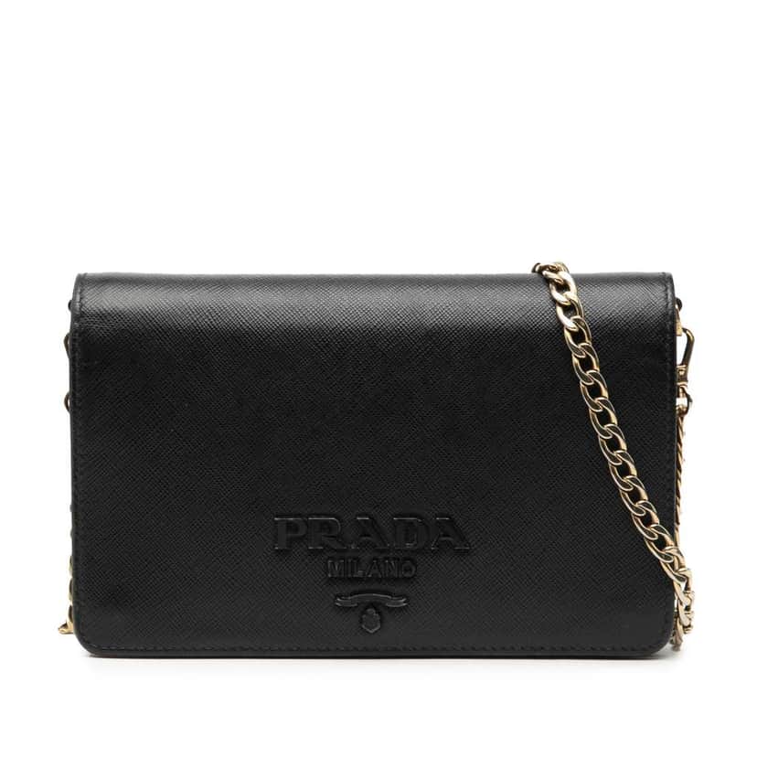 Prada Saffiano Lux Monochrome Wallet on Chain Black Leather Good condition - Front View