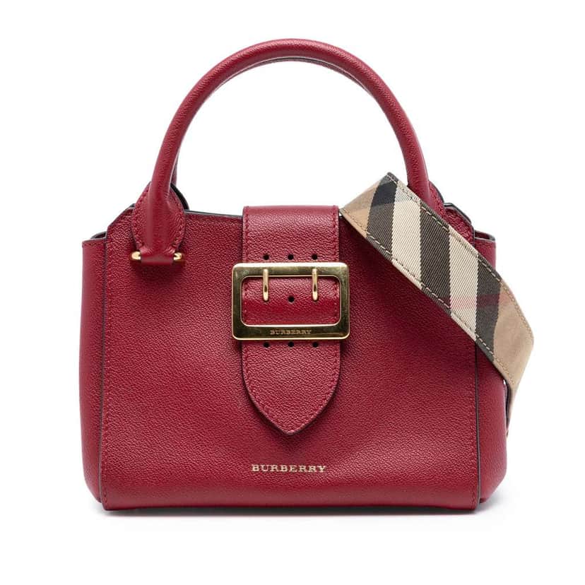 Burberry Small Grained Leather Buckle Tote Red Leather Good condition - Front View