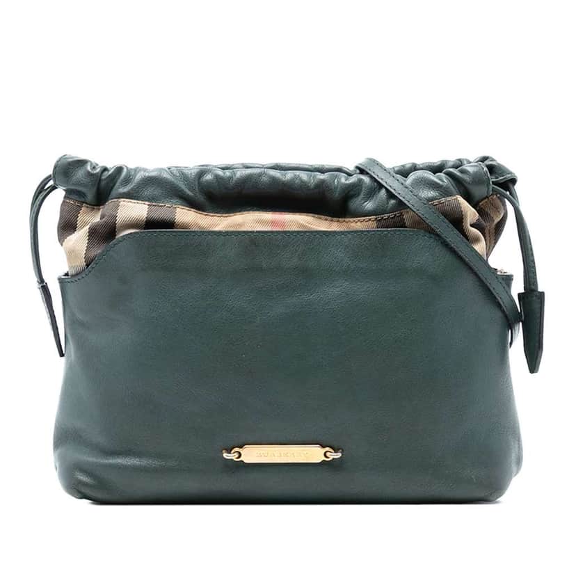 Burberry House Check Canvas and Calfskin Little Crush Crossbody Green Leather Very good condition - Front View