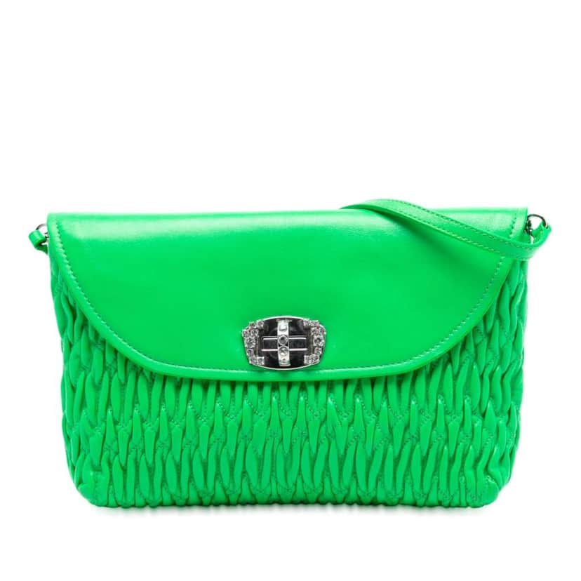 Miu Miu Matelasse Leather Crystal Flap Shoulder Bag Green Leather Very good condition - Front View