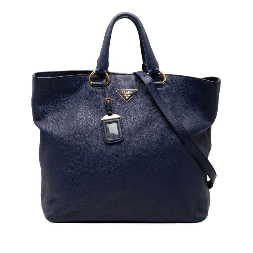 Prada Vitello Daino Open Convertible Tote Blue Leather Good condition - Front View