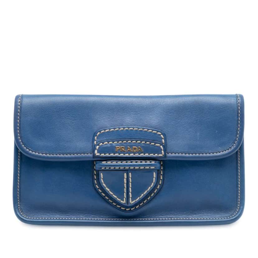Prada City Calf Pattina Clutch Blue Leather Good condition - Front View