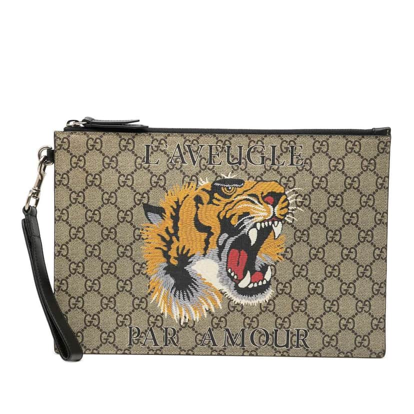 Gucci GG Supreme Tiger Clutch Brown Canvas Good condition - Front View