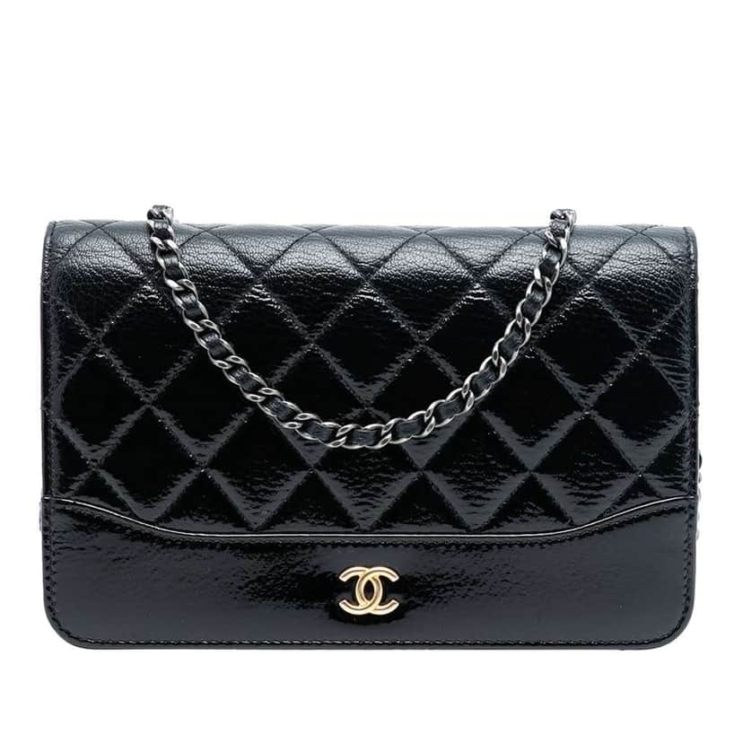Chanel CC Quilted Patent Aged Calfskin Gabrielle Wallet On Chain Black Leather Good condition - Front View