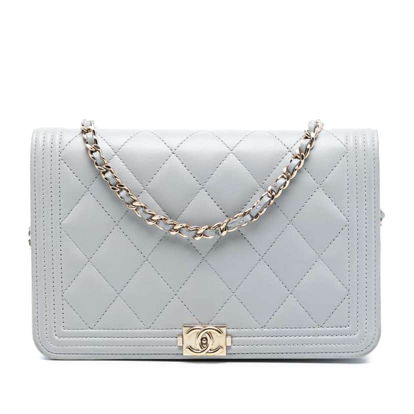 Chanel Quilted Lambskin Boy Wallet On Chain Grey Leather Good condition - Front View