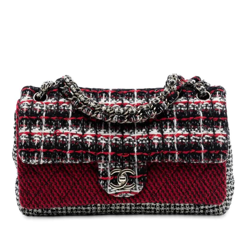 Chanel Medium CC Tweed Multi Print Double Flap Red Tweed Very good condition - Front View
