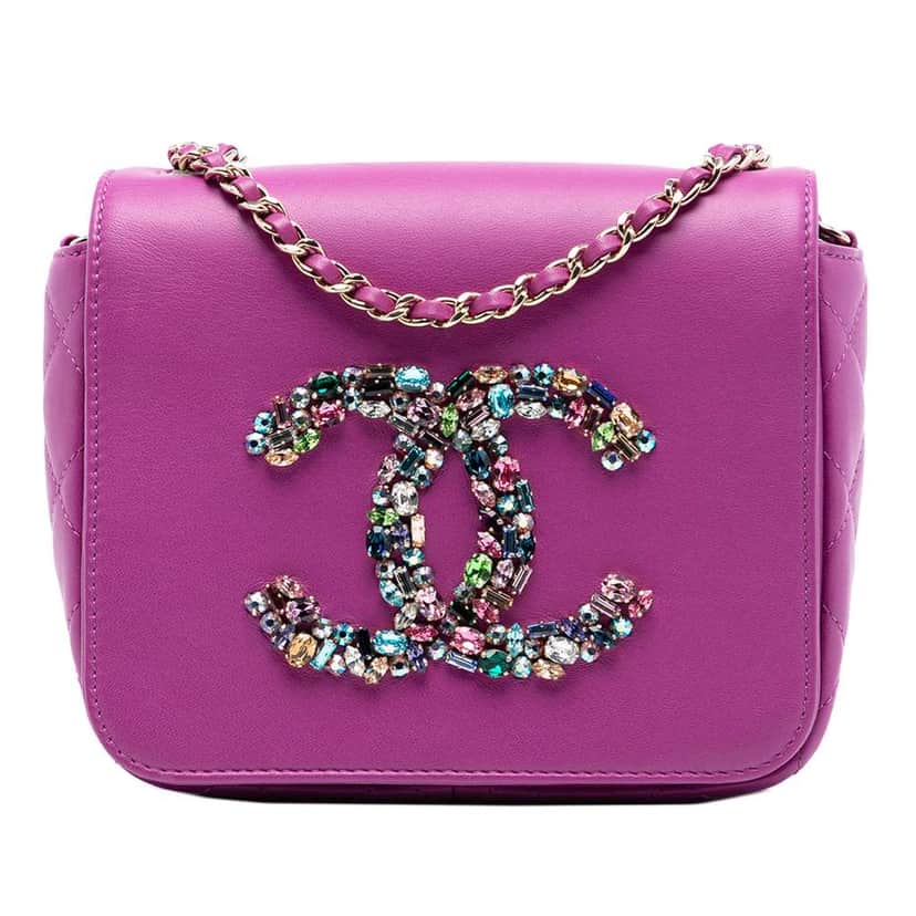 Chanel Mini Lambskin Giant Crystal CC Flap Purple Leather Very good condition - Front View