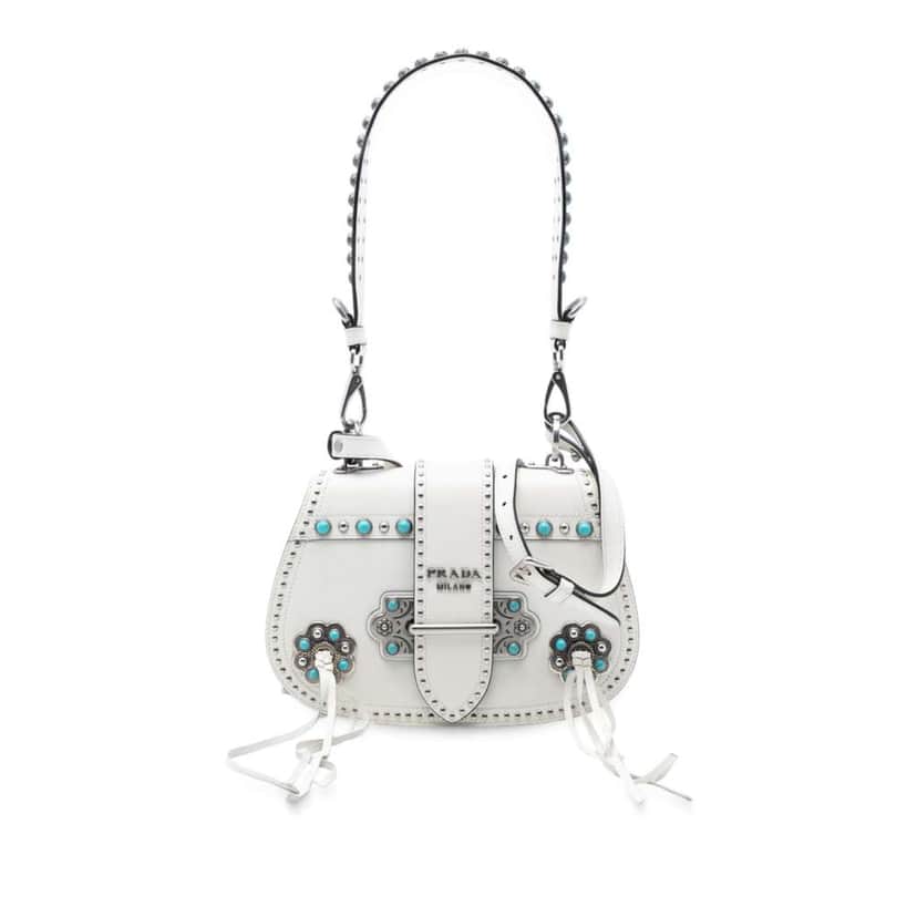 Prada City Calf Studded Folk Corsiere Satchel White Leather Very good condition - Front View