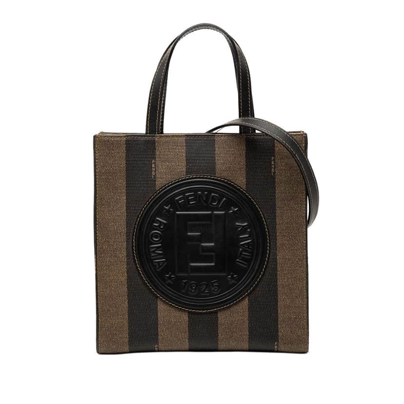 Fendi Pequin Coated Canvas Logo Convertible Tote Brown Canvas Very good condition - Front View