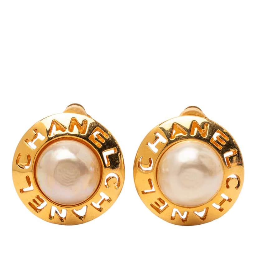 Chanel Gold Plated Faux Pearl Logo Clip On Earrings Gold Metal Good condition - Front View