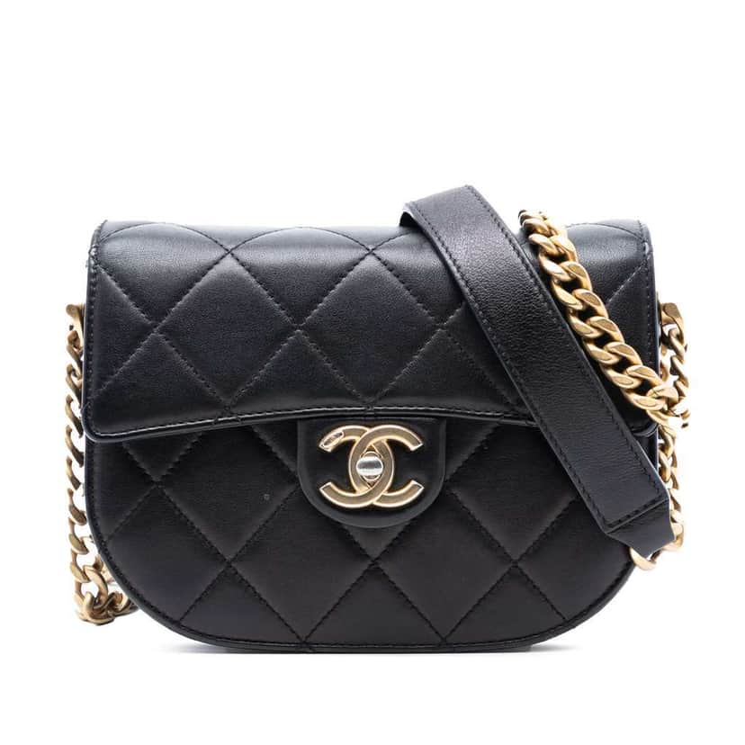 Chanel Mini CC Quilted Shiny Calfskin Round Moon Messenger Flap Black Leather Very good condition - Front View