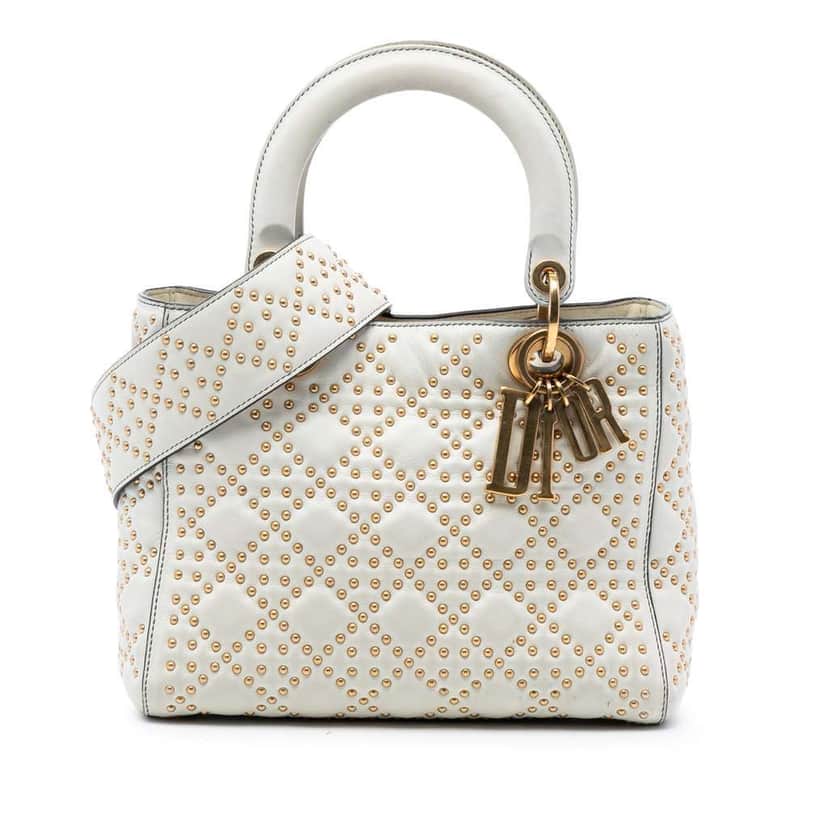 Dior Medium Lambskin Cannage Studded Supple Lady Dior White Leather Very good condition - Front View