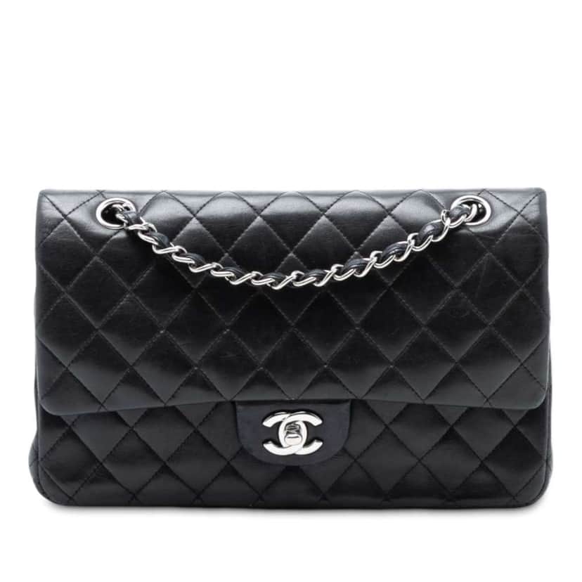 Chanel Medium Classic Lambskin Double Flap Black Leather Very good condition - Front View