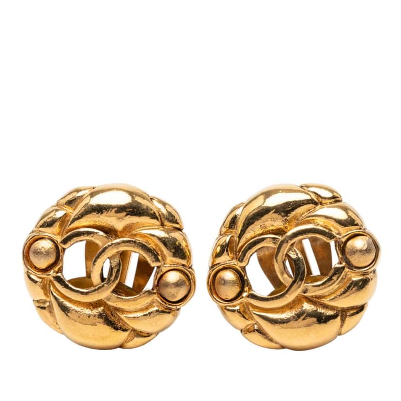 Chanel Gold Plated CC Round Clip On Earrings Gold Metal Very good condition - Front View