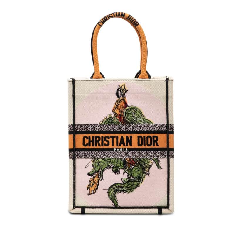 Dior Embroidered Canvas Princess and Dragon Vertical Book Tote White Canvas Good condition - Front View