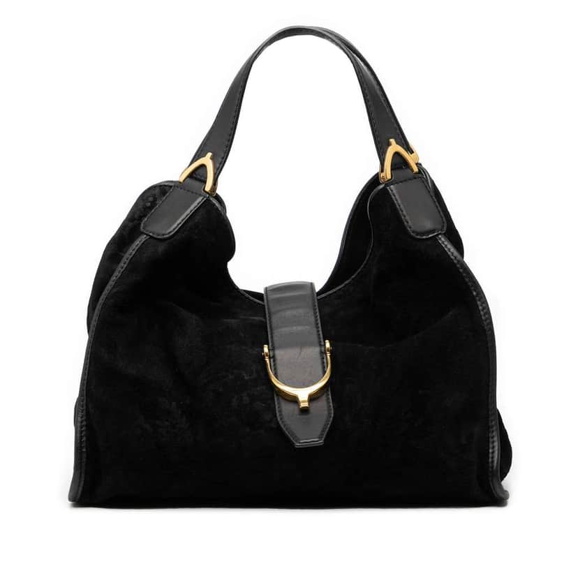 Gucci Suede Brocade Soft Stirrup Tote Black Leather Good condition - Front View