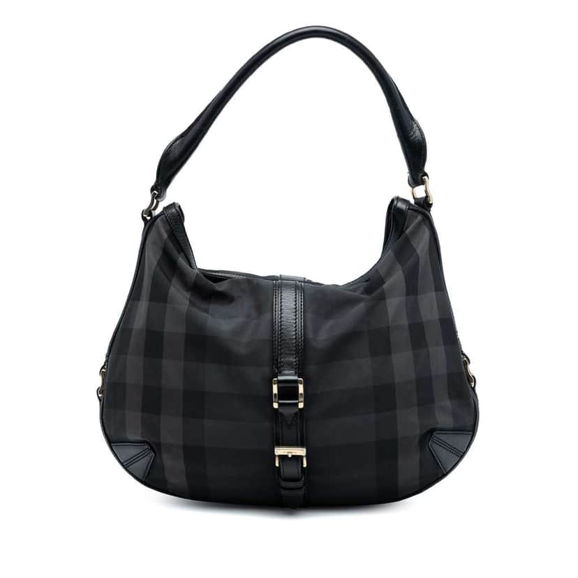 Burberry Grafton Check Nylon Hobo Bag Black Good condition - Front View