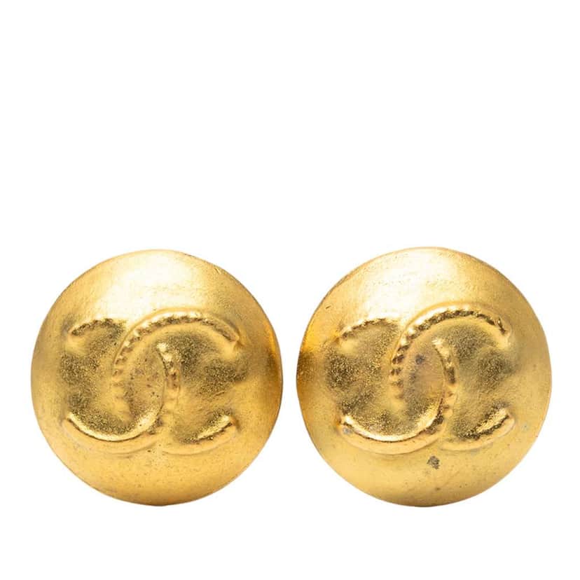 Chanel CC Gold Plated Button Clip On Earrings Gold Metal Very good condition - Front View