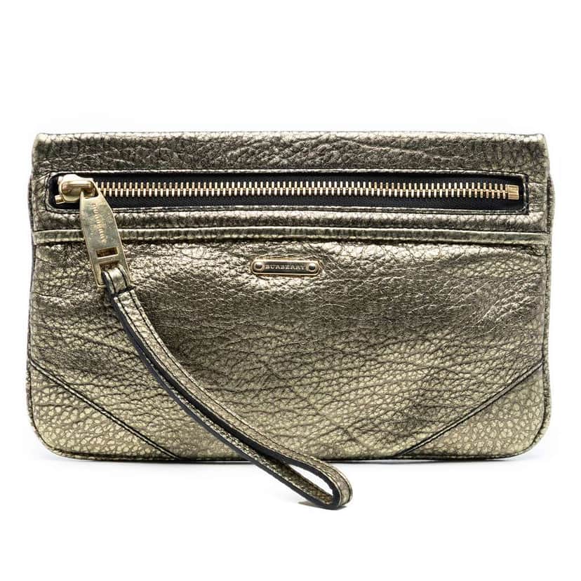 Burberry Metallic Grained Leather Wristlet Clutch Gold Leather Very good condition - Front View