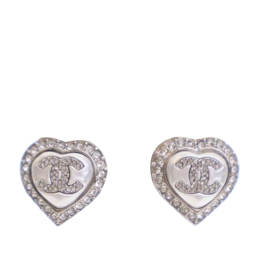 Chanel Silver Plated Faux Pearl Crystal CC Heart Push Back Earrings Silver Metal Good condition - Front View