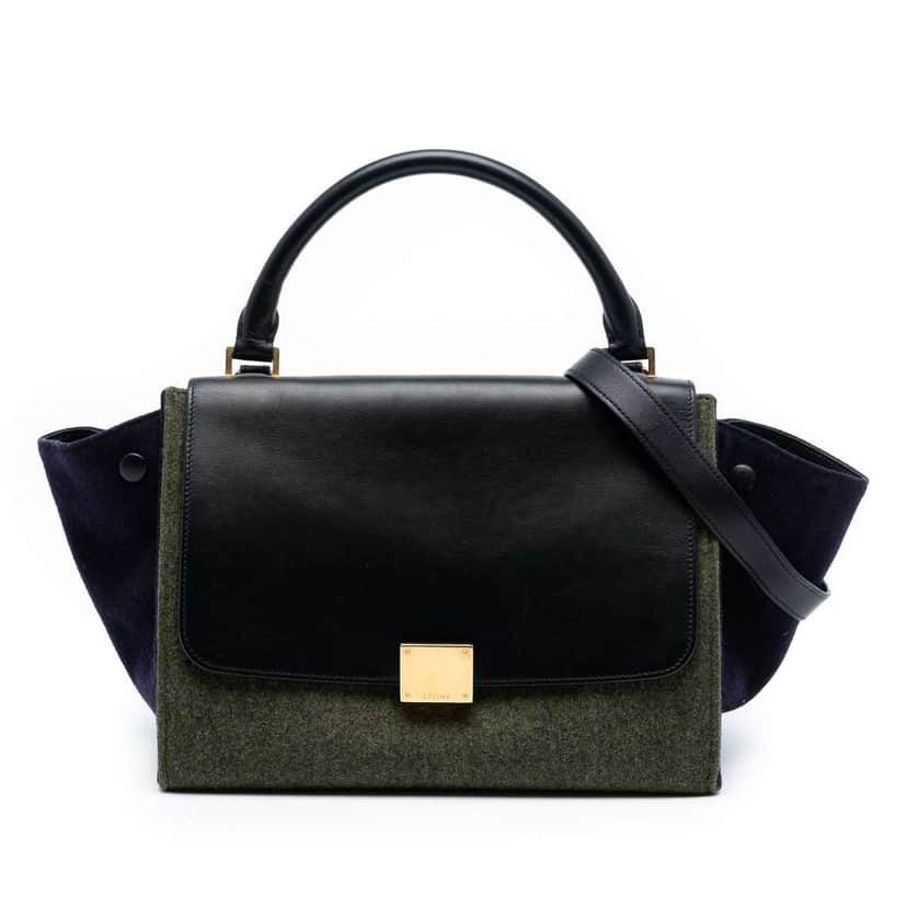 Celine Medium Tricolor Felt and Calfskin Trapeze Satchel Brown Wool Good condition - Front View