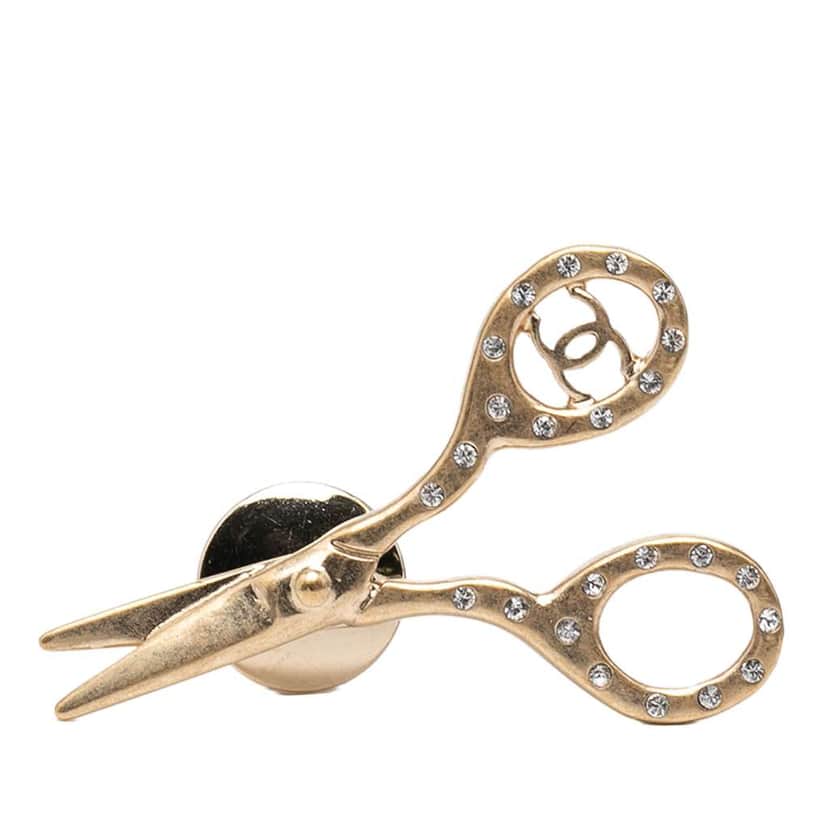 Chanel CC Gold Plated Strass Scissors Brooch Pin Gold Metal Good condition - Front View