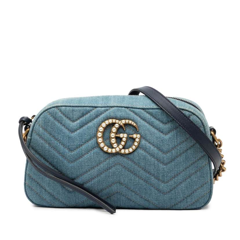 Gucci Small GG Marmont Matelasse Denim Pearly Crossbody Blue Denim Very good condition - Front View