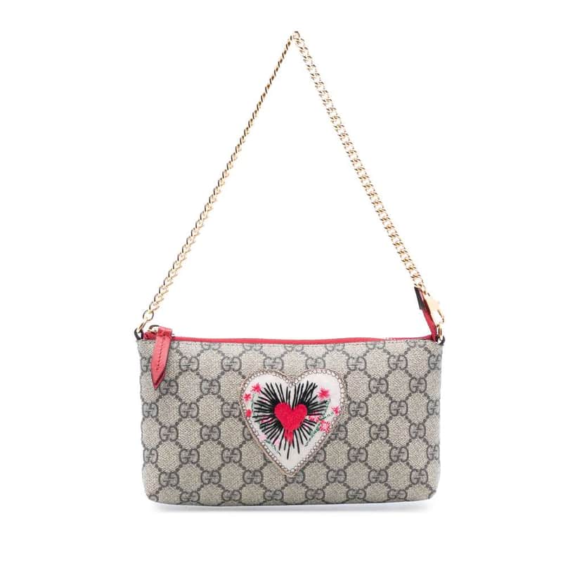 Gucci GG Supreme Embroidered Heart Chain Pochette Brown Canvas Good condition - Front View