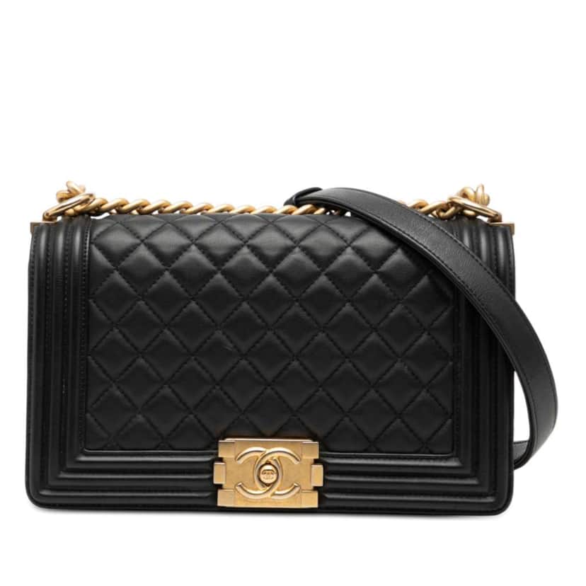Chanel Old Medium Quilted Lambskin Boy Flap Black Leather Good condition - Front View