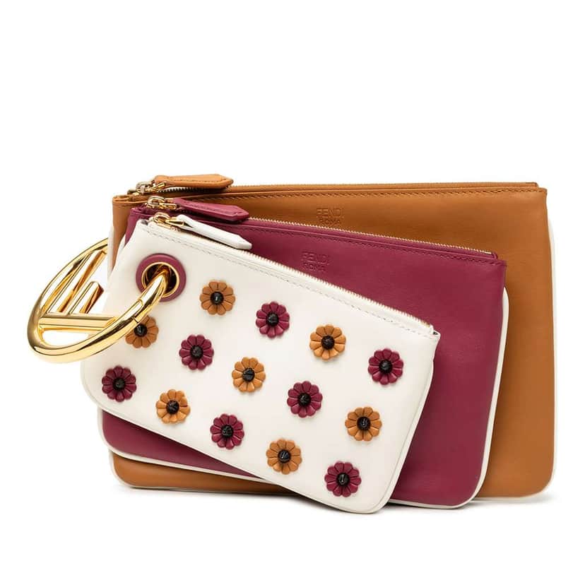 Fendi Leather Flowerland Triplette Clutch White Leather Very good condition - Front View