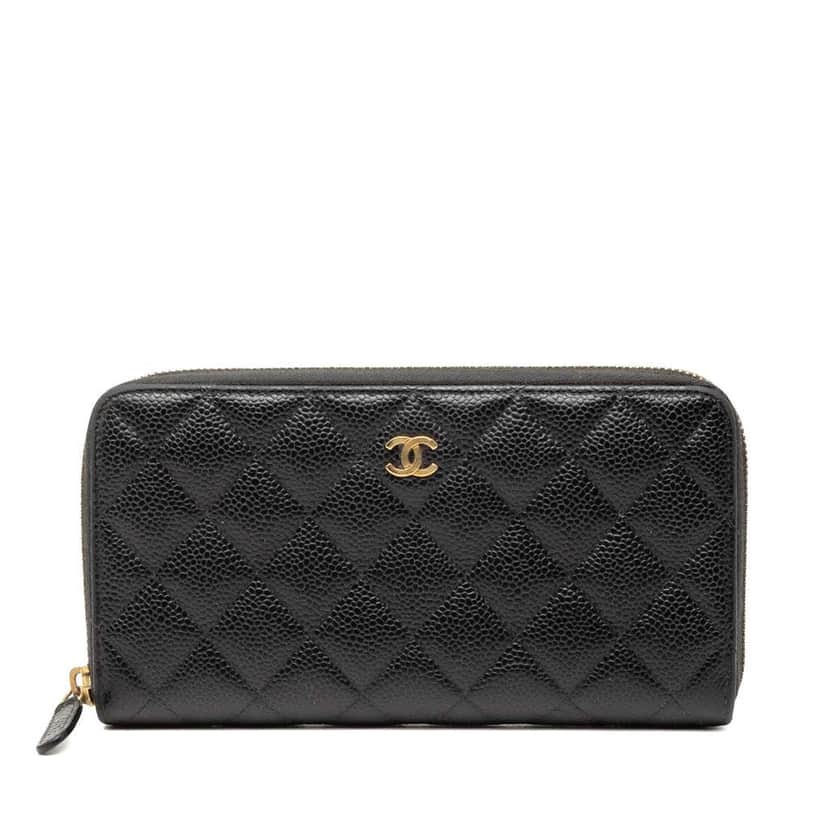 Chanel CC Quilted Caviar Zip Around Long Wallet Black Leather Good condition - Front View