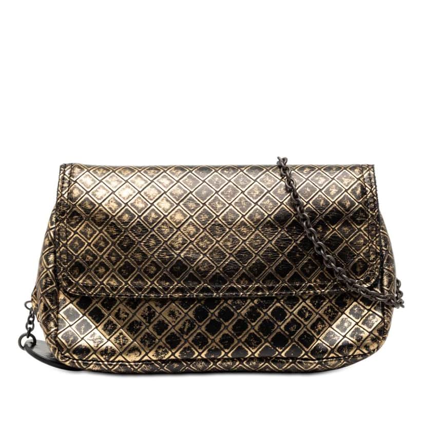 Bottega Veneta Metallic Calfskin Intrecciomirage Chain Flap Crossbody Gold Leather Very good condition - Front View