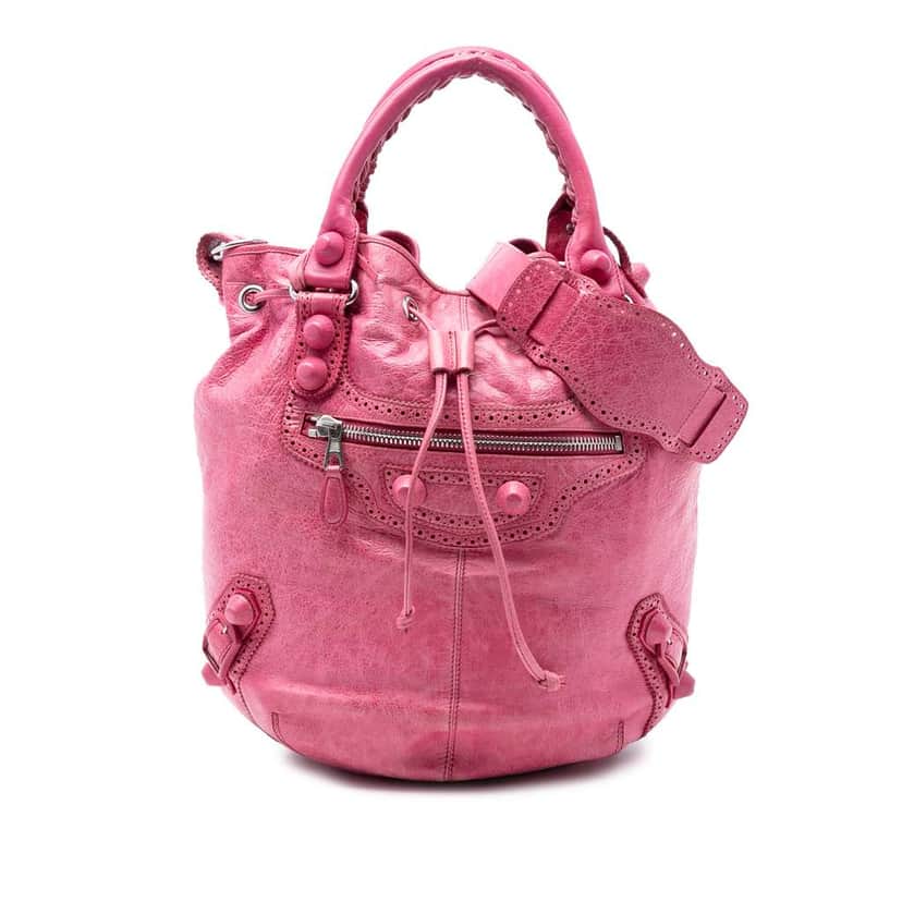Balenciaga Lambskin Motocross Giant Brogues Pompon Bucket Bag Pink Leather Very good condition - Front View