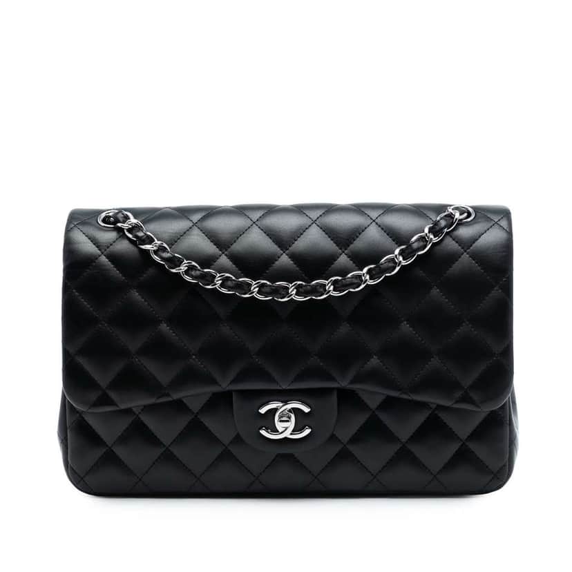 Chanel Jumbo Classic Lambskin Double Flap Black Leather Very good condition - Front View