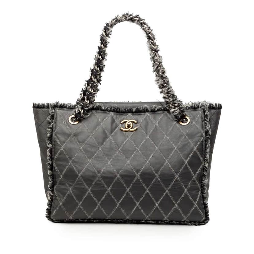 Chanel CC Quilted Calfskin Tweedy Shopping Tote Grey Leather Very good condition - Front View