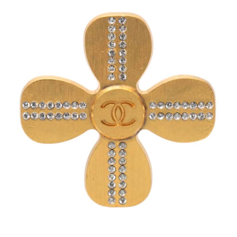 Chanel CC Gold Plated Rhinestones Clover Brooch Gold Metal Very good condition - Front View