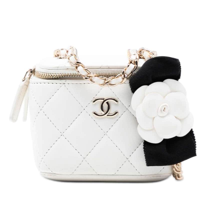 Chanel Mini Quilted Lambskin Camellia Bow Vanity Case with Chain White Leather Good condition - Front View